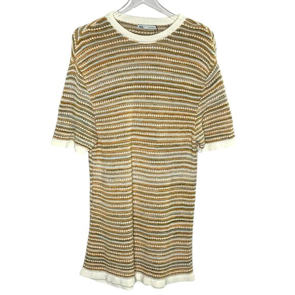 Zara SM Mens Striped Knit Short Sleeve Shirt Crew Neck Neutral Tones - Picture 2 of 11